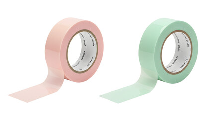 Two rolls of pastel-colored adhesive tape with pink and mint green hues on white background, perfect for crafts and DIY projects