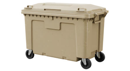 Large beige plastic rolling storage container with lid and wheels for easy transport and organization, perfect for home or office use