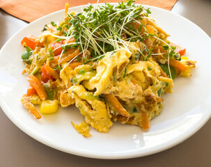 Vegetable stir-fry omelet with fresh sprouts on a white plate