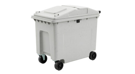 White plastic waste container with lid and wheels isolated on white background, perfect for trash disposal and recycling
