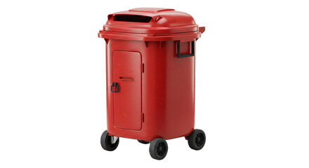 Red plastic wheeled trash bin with side door and handles on white background, perfect for waste management and outdoor cleaning