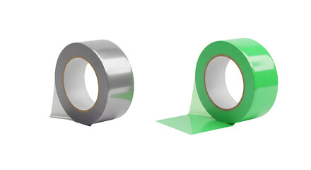Rolls of green and silver adhesive tape isolated on white background, useful for packaging and crafting projects
