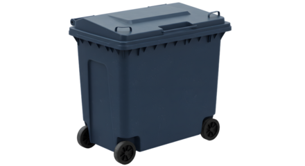 Dark blue wheeled garbage bin container isolated on white background, perfect for waste management and recycling