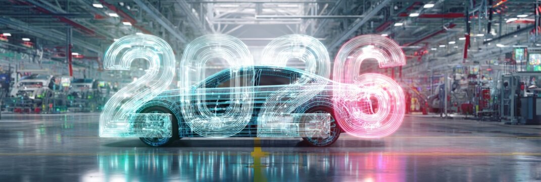 Digital transformation and automotive innovation concept, glowing 2026 typography overlay on wireframe car model inside smart manufacturing facility, иллюстрация Concept: digital automotive