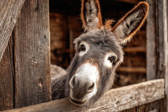 Donkey peering from wooden stall