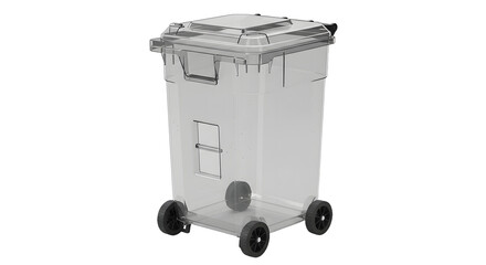 Transparent plastic wheeled trash bin with lid on white background, perfect for waste management and recycling