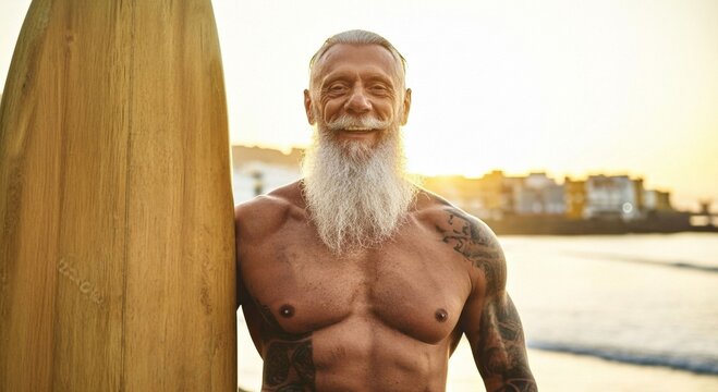 Senior Man with Tattoos and Surfboard at Beach | Athletic Silver Haired Man Enjoying Retirement Lifestyle and Surfing on Coastal Vacation