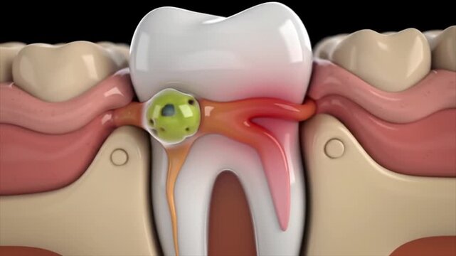 3D animation of a painful dental abscess at the root of a tooth. Infection