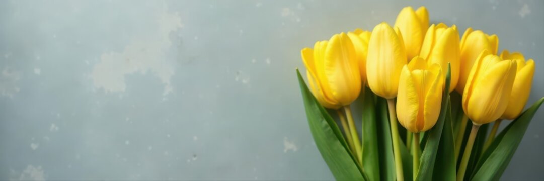 Close-up yellow tulips, gray background, Mother's Day gift bag nearby, mothers day, shopping bag - Powered by Adobe