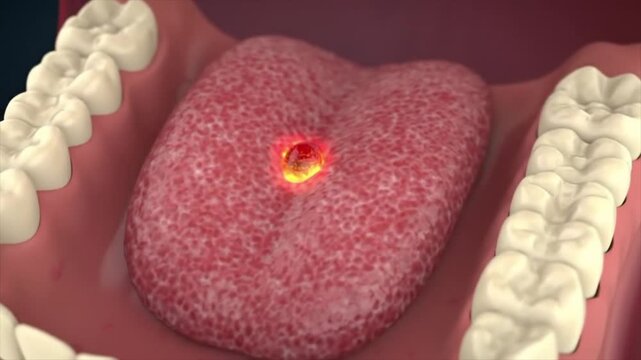 3D animation of a painful canker sore (aphthous ulcer) inside the mouth