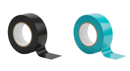 Two rolls of adhesive tape in black and blue colors isolated on white background, perfect for office and home use