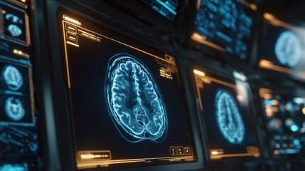 Luxury hi-tech medical interface, MRI brain scans glowing on multiple curved holographic screens, golden accents with neon blue highlights, futuristic diagnostic visuals, ultra-detailed brain.