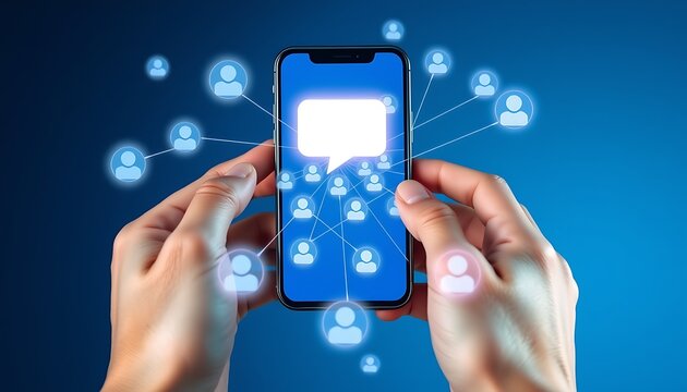 Smartphone held in hands with glowing social network connections and chat bubble mobile phone holding