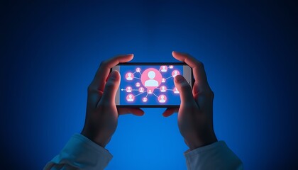 Hands holding smartphone with pink social network connections and user icons mobile phone