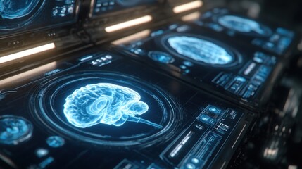 Luxury hi-tech medical interface, MRI brain scans glowing on multiple curved holographic screens, golden accents with neon blue highlights, futuristic diagnostic visuals, ultra-detailed brain.