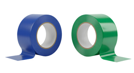 Two rolls of colored adhesive tape in blue and green isolated on white background, office and crafting supplies