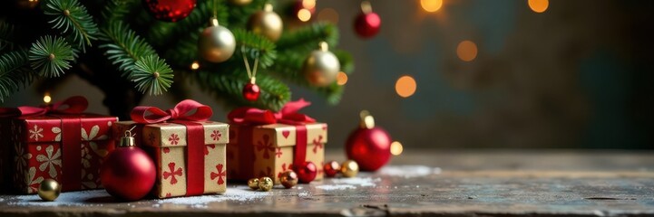 Ornate gift boxes, colorful baubles scattered beneath twinkling Christmas tree on rustic wooden table , gift wrapping, holiday background, winter