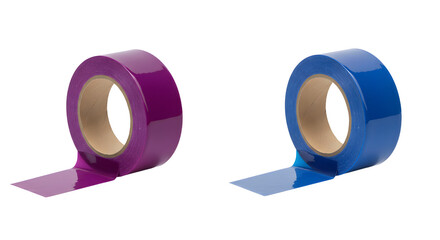 Two rolls of colored adhesive tape, one purple and one blue on white background, perfect for crafts and office use