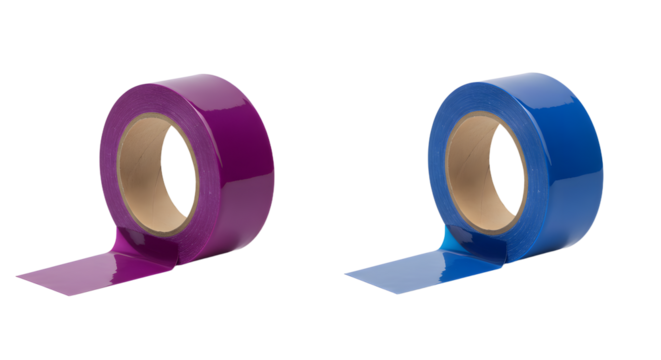 Two rolls of colored adhesive tape, one purple and one blue on white background, perfect for crafts and office use