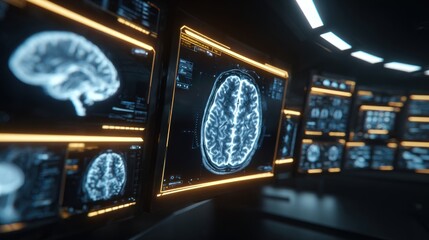 Luxury hi-tech medical interface, MRI brain scans glowing on multiple curved holographic screens, golden accents with neon blue highlights, futuristic diagnostic visuals, ultra-detailed brain.