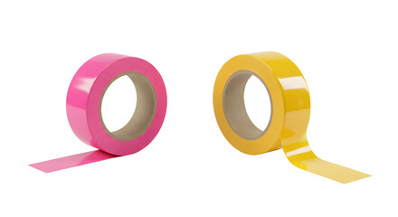 Two rolls of colorful adhesive tape in pink and yellow isolated on white background, perfect for crafts and packaging