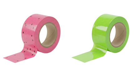 Two rolls of decorative adhesive tape in pink and green colors isolated on white, perfect for crafts and DIY projects