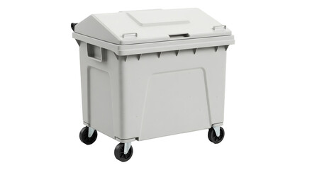 Large outdoor gray dumpster with wheels isolated on white background, perfect for waste management and industrial cleanup