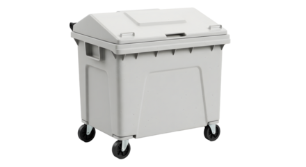 Large outdoor gray dumpster with wheels isolated on white background, perfect for waste management and industrial cleanup