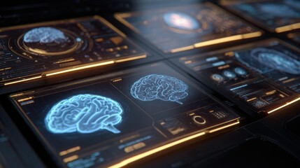 Luxury hi-tech medical interface, MRI brain scans glowing on multiple curved holographic screens, golden accents with neon blue highlights, futuristic diagnostic visuals, ultra-detailed brain.