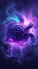 Pixelated Turtle In Cosmic Nebula