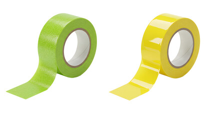 Two rolls of green and yellow adhesive tape isolated on white background, office and craft supplies, perfect for DIY projects and packaging