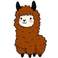 Cute brown alpaca or llama with black ears smiling and pink cheeks. Animal illustration on transparent background.