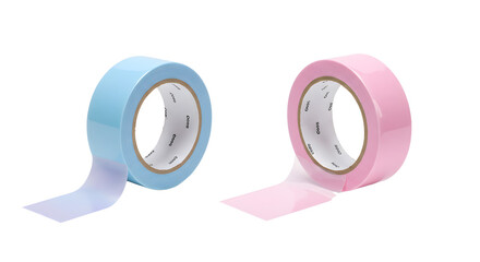 Two rolls of pastel blue and pink adhesive tape isolated on white background, perfect for crafts and office use