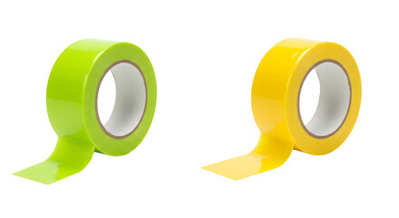 Two rolls of yellow and green adhesive tape isolated on white background, perfect for crafts and office use