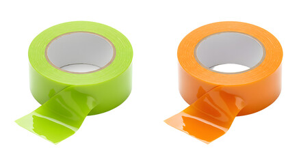 Two rolls of torn neon green and orange adhesive tape isolated on white background, perfect for office or craft projects