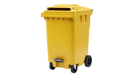 Yellow outdoor garbage bin with wheels and pedal for waste disposal, isolated on white background, ideal for recycling and trash collection