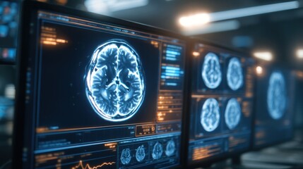 Magnetic Resonance Imaging brain scans displayed on multiple computer windows, detailed patient brain MRI results with medical data overlays, professional research laboratory environment.
