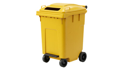 Yellow wheeled garbage bin isolated on white background, waste container for recycling and trash collection