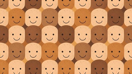 Seamless Pattern of Cute Brown Cartoon Faces with Happy Expressions