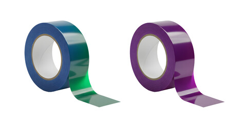Two rolls of colorful adhesive tape, blue green and purple, isolated on white background, perfect for office, school, and creative projects
