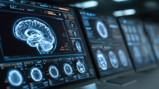 Magnetic Resonance Imaging brain scans displayed on multiple computer windows, detailed patient brain MRI results with medical data overlays, professional research laboratory environment.
