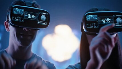People experiencing virtual reality with headsets and hand gestures - Powered by Adobe