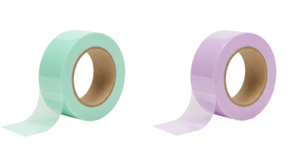 Two rolls of pastel colored adhesive tape in mint green and lavender isolated on white background, perfect for crafting and DIY projects