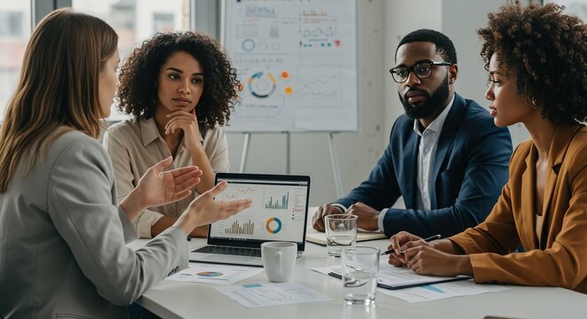 Diverse team of business professionals collaborating in a modern office, analyzing data and charts on a laptop for strategic planning