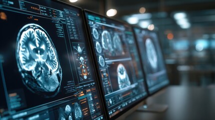 Magnetic Resonance Imaging brain scans displayed on multiple computer windows, detailed patient brain MRI results with medical data overlays, professional research laboratory environment.