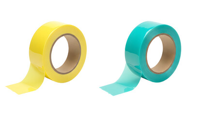 Yellow and teal rolls of adhesive tape on white background, perfect for crafts and office use