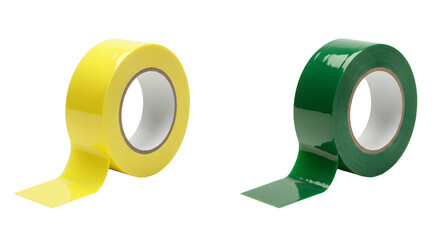 Yellow and green adhesive tape rolls isolated on white background, ideal for crafts, packaging, and office use