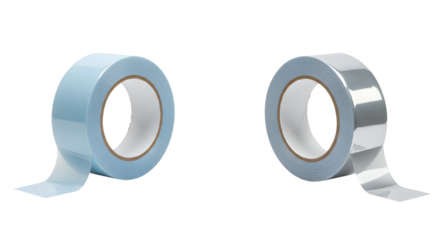 Two rolls of adhesive tape in blue and gray, isolated on white background, perfect for office and craft projects