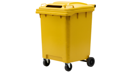 Yellow plastic waste bin with wheels isolated on white background for industrial and commercial use