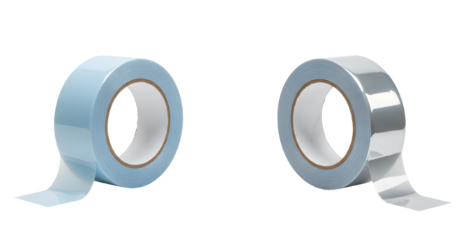 Two rolls of adhesive tape in blue and gray, isolated on white background, perfect for office and craft projects